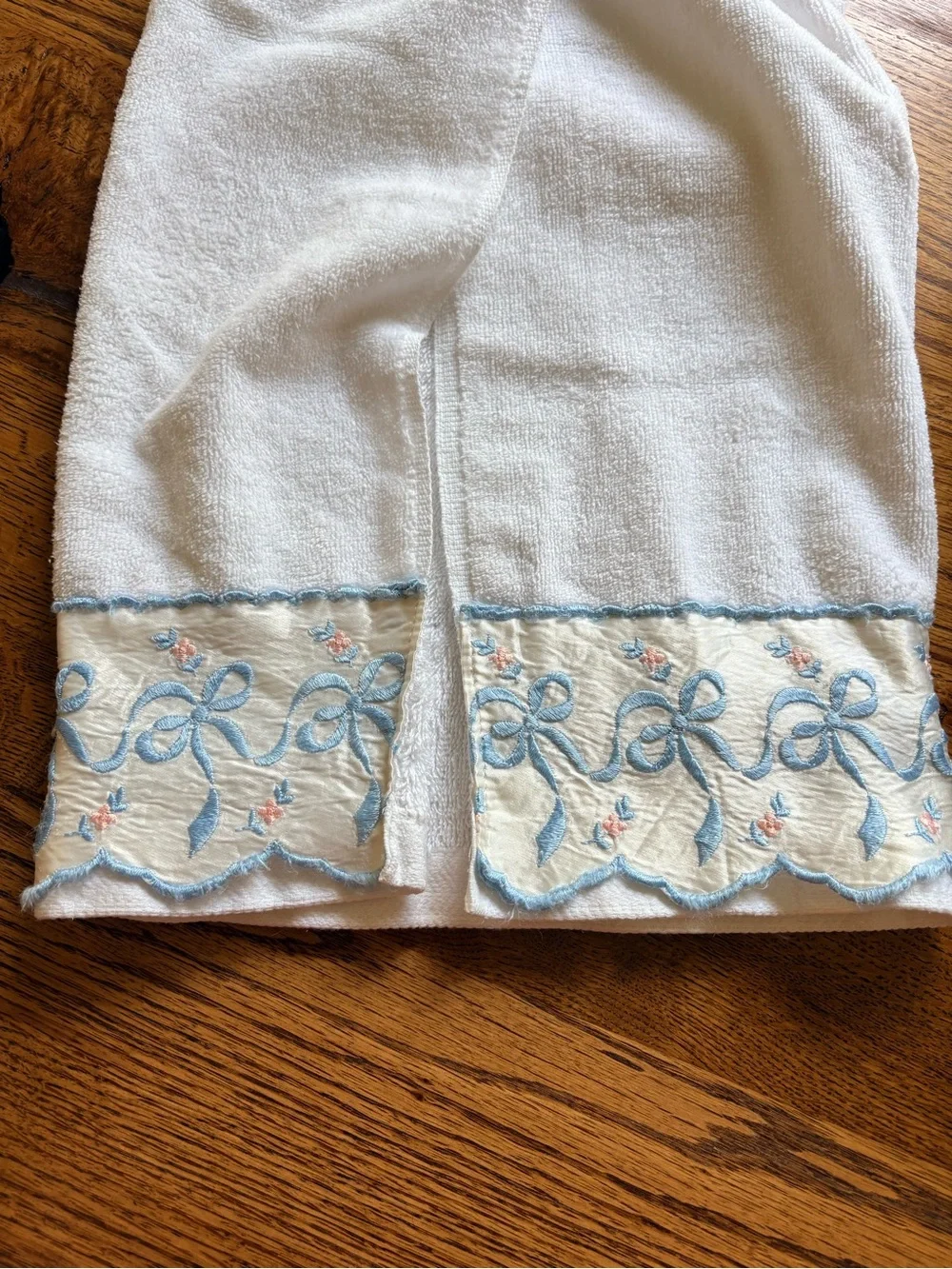 Vintage White with blue and pink Bow trim Bedding Towel Set of 2- Made in USA